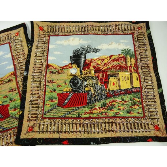 Train Locomotive Pillow Shams Pair Square Railroad Decor 16x16in - Picture 3 of 6
